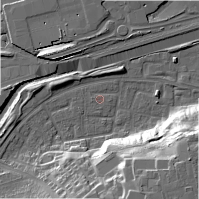 Shaded relief map of the ground around B368UN, computed from Environment Agency LiDAR. The ground here sits at about 84 m above sea level and falls 31 m across the surrounding 800 m. Surface water reaching this point runs off ground lying to the south, 21.5 m higher.