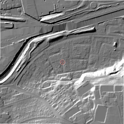 Shaded relief map of the ground around B368UP, computed from Environment Agency LiDAR. The ground here sits at about 84 m above sea level and falls 31 m across the surrounding 800 m. Surface water reaching this point runs off ground lying to the south, 1.1 m higher.