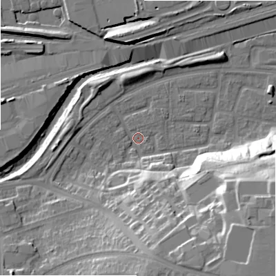 Shaded relief map of the ground around B368UR, computed from Environment Agency LiDAR. The ground here sits at about 84 m above sea level and falls 31 m across the surrounding 800 m. Surface water reaching this point runs off ground lying to the south-east, 28.2 m higher.