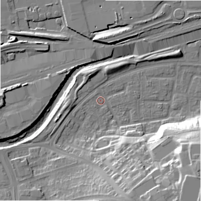 Shaded relief map of the ground around B368US, computed from Environment Agency LiDAR. The ground here sits at about 85 m above sea level and falls 30 m across the surrounding 800 m. Surface water reaching this point runs off ground lying to the south-south-east, 24.3 m higher.