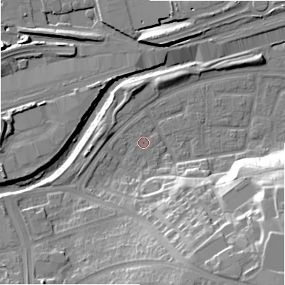 Shaded relief map of the ground around B368UT, computed from Environment Agency LiDAR. The ground here sits at about 85 m above sea level and falls 31 m across the surrounding 800 m. Surface water reaching this point runs off ground lying to the north-west, 0.7 m higher.