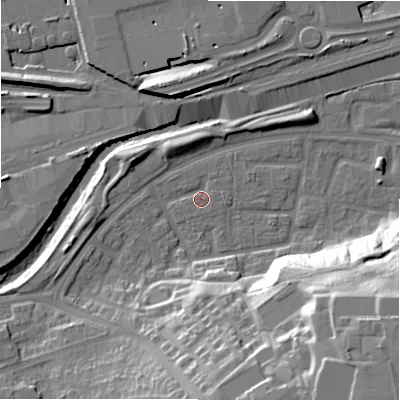 Shaded relief map of the ground around B368UU, computed from Environment Agency LiDAR. The ground here sits at about 85 m above sea level and falls 31 m across the surrounding 800 m. Surface water reaching this point runs off ground lying to the south-south-east, 23.9 m higher.