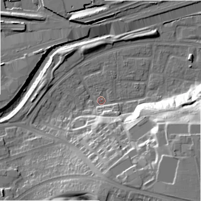 Shaded relief map of the ground around B368UW, computed from Environment Agency LiDAR. The ground here sits at about 85 m above sea level and falls 31 m across the surrounding 800 m. Surface water reaching this point runs off ground lying to the south-south-east, 11.2 m higher.