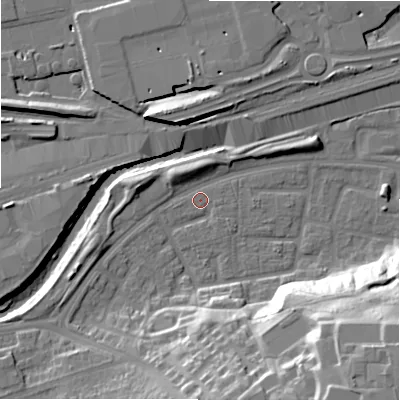 Shaded relief map of the ground around B368UX, computed from Environment Agency LiDAR. The ground here sits at about 85 m above sea level and falls 31 m across the surrounding 800 m. Surface water reaching this point runs off ground lying to the south-south-east, 21.1 m higher.