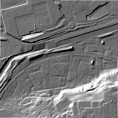 Shaded relief map of the ground around B368UY, computed from Environment Agency LiDAR. The ground here sits at about 84 m above sea level and falls 31 m across the surrounding 800 m. Surface water reaching this point runs off ground lying to the south, 18.8 m higher.