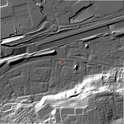 Shaded relief map of the ground around B368UZ, computed from Environment Agency LiDAR. The ground here sits at about 83 m above sea level and falls 31 m across the surrounding 800 m. Surface water reaching this point runs off ground lying to the south, 28.3 m higher.