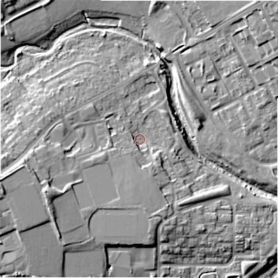 Shaded relief map of the ground around B375LN, computed from Environment Agency LiDAR. The ground here sits at about 85 m above sea level and falls 14 m across the surrounding 800 m. Surface water reaching this point runs off ground lying to the south-south-west, 5.4 m higher.