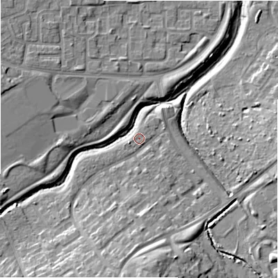 Shaded relief map of the ground around B375NU, computed from Environment Agency LiDAR. The ground here sits at about 85 m above sea level and falls 14 m across the surrounding 800 m. Surface water reaching this point runs off ground lying to the south, 11.8 m higher.