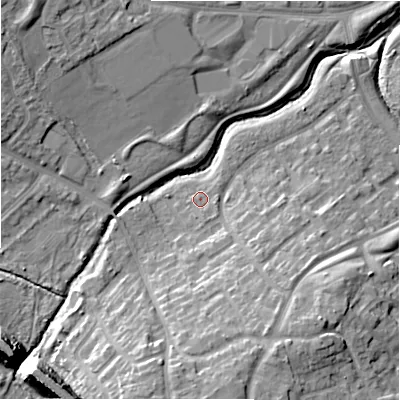 Shaded relief map of the ground around B375PJ, computed from Environment Agency LiDAR. The ground here sits at about 86 m above sea level and falls 18 m across the surrounding 800 m. Surface water reaching this point runs off ground lying to the south-south-east, 1.8 m higher.