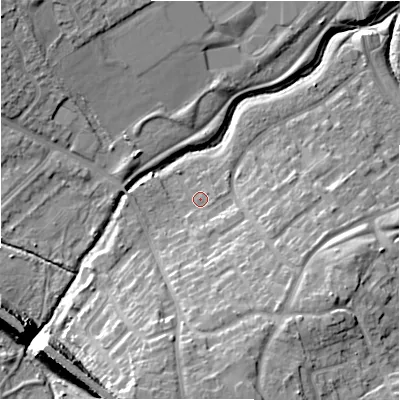 Shaded relief map of the ground around B375PP, computed from Environment Agency LiDAR. The ground here sits at about 87 m above sea level and falls 18 m across the surrounding 800 m. Surface water reaching this point runs off ground lying to the south-east, 2.9 m higher.