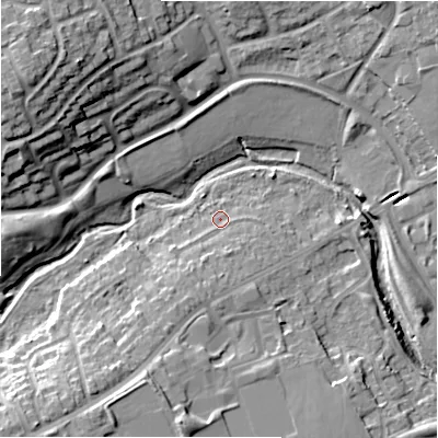 Shaded relief map of the ground around B376NS, computed from Environment Agency LiDAR. The ground here sits at about 85 m above sea level and falls 20 m across the surrounding 800 m. Surface water reaching this point runs off ground lying to the south-south-west, 5.2 m higher.