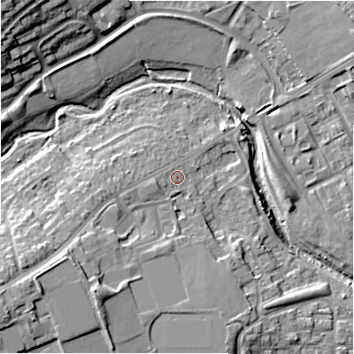 Shaded relief map of the ground around B376NU, computed from Environment Agency LiDAR. The ground here sits at about 86 m above sea level and falls 19 m across the surrounding 800 m. Surface water reaching this point runs off ground lying to the west-south-west, 2.7 m higher.