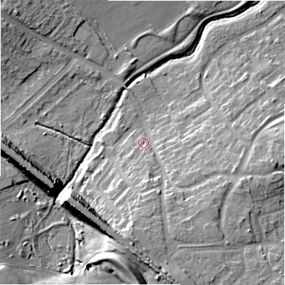 Shaded relief map of the ground around B377AL, computed from Environment Agency LiDAR. The ground here sits at about 89 m above sea level and falls 24 m across the surrounding 800 m. Surface water reaching this point runs off ground lying to the south, 12.4 m higher.