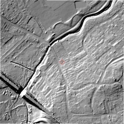 Shaded relief map of the ground around B377AN, computed from Environment Agency LiDAR. The ground here sits at about 87 m above sea level and falls 20 m across the surrounding 800 m. Surface water reaching this point runs off ground lying to the south-south-east, 3.8 m higher.