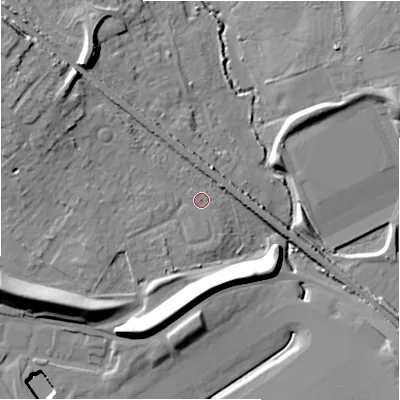 Shaded relief map of the ground around B377DX, computed from Environment Agency LiDAR. The ground here sits at about 97 m above sea level and falls 20 m across the surrounding 800 m. Surface water reaching this point runs off ground lying to the south-south-west, 1.9 m higher.