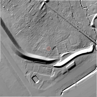 Shaded relief map of the ground around B377EA, computed from Environment Agency LiDAR. The ground here sits at about 99 m above sea level and falls 20 m across the surrounding 800 m. The ground contributing surface water to this point lies to the north-north-west.