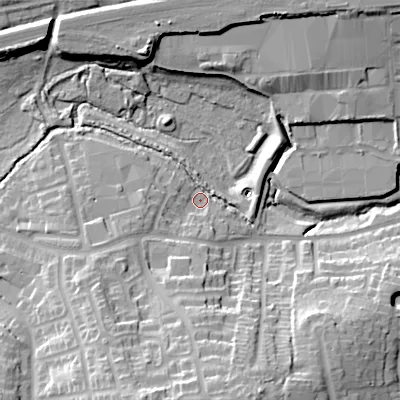 Shaded relief map of the ground around B388AA, computed from Environment Agency LiDAR. The ground here sits at about 144 m above sea level and falls 30 m across the surrounding 800 m. Surface water reaching this point runs off ground lying to the south-south-west, 27.1 m higher.
