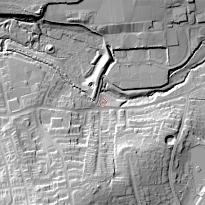 Shaded relief map of the ground around B388AD, computed from Environment Agency LiDAR. The ground here sits at about 142 m above sea level and falls 34 m across the surrounding 800 m. Surface water reaching this point runs off ground lying to the south-south-west, 26.6 m higher.