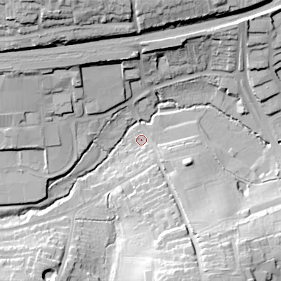 Shaded relief map of the ground around B388SX, computed from Environment Agency LiDAR. The ground here sits at about 137 m above sea level and falls 34 m across the surrounding 800 m. Surface water reaching this point runs off ground lying to the south-south-east, 25.8 m higher.