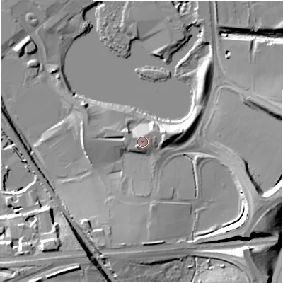 Shaded relief map of the ground around B401PS, computed from Environment Agency LiDAR. The ground here sits at about 95 m above sea level and falls 22 m across the surrounding 800 m. Surface water reaching this point runs off ground lying to the south-west, 1.2 m higher.