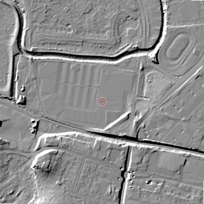 Shaded relief map of the ground around B421AA, computed from Environment Agency LiDAR. The ground here sits at about 98 m above sea level and falls 16 m across the surrounding 800 m. Surface water reaching this point runs off ground lying to the south-east, 0.6 m higher.