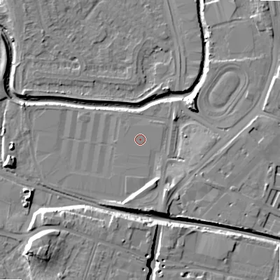 Shaded relief map of the ground around B421AB, computed from Environment Agency LiDAR. The ground here sits at about 98 m above sea level and falls 16 m across the surrounding 800 m. The ground contributing surface water to this point lies to the north-east.