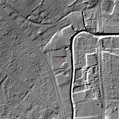 Shaded relief map of the ground around B421BP, computed from Environment Agency LiDAR. The ground here sits at about 96 m above sea level and falls 12 m across the surrounding 800 m. Surface water reaching this point runs off ground lying to the south-south-west, 1.5 m higher.