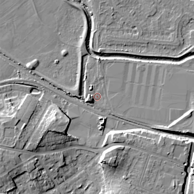 Shaded relief map of the ground around B421BZ, computed from Environment Agency LiDAR. The ground here sits at about 98 m above sea level and falls 18 m across the surrounding 800 m. Surface water reaching this point runs off ground lying to the west, 5.4 m higher.