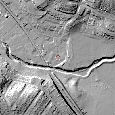 Shaded relief map of the ground around B421DR, computed from Environment Agency LiDAR. The ground here sits at about 100 m above sea level and falls 27 m across the surrounding 800 m. Surface water reaching this point runs off ground lying to the north-north-east, 23.3 m higher.