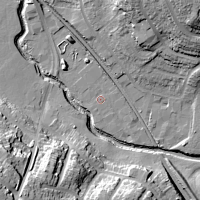Shaded relief map of the ground around B421DU, computed from Environment Agency LiDAR. The ground here sits at about 101 m above sea level and falls 38 m across the surrounding 800 m. Surface water reaching this point runs off ground lying to the north, 2.1 m higher.