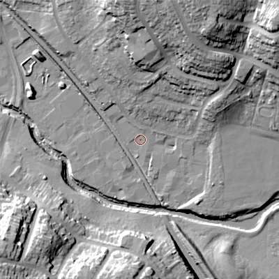 Shaded relief map of the ground around B421DY, computed from Environment Agency LiDAR. The ground here sits at about 100 m above sea level and falls 31 m across the surrounding 800 m. Surface water reaching this point runs off ground lying to the north, 17.1 m higher.