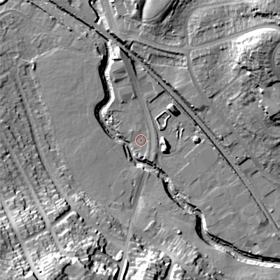 Shaded relief map of the ground around B421EA, computed from Environment Agency LiDAR. The ground here sits at about 101 m above sea level and falls 36 m across the surrounding 800 m. Surface water reaching this point runs off ground lying to the south-east, 1.6 m higher.