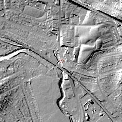 Shaded relief map of the ground around B421NN, computed from Environment Agency LiDAR. The ground here sits at about 103 m above sea level and falls 44 m across the surrounding 800 m. Surface water reaching this point runs off ground lying to the east-north-east, 27.9 m higher.