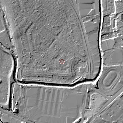 Shaded relief map of the ground around B421RE, computed from Environment Agency LiDAR. The ground here sits at about 97 m above sea level and falls 11 m across the surrounding 800 m. Surface water reaching this point runs off ground lying to the west-north-west, 2.4 m higher.