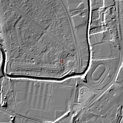 Shaded relief map of the ground around B421RF, computed from Environment Agency LiDAR. The ground here sits at about 97 m above sea level and falls 9 m across the surrounding 800 m. Surface water reaching this point runs off ground lying to the north-west, 6.4 m higher.