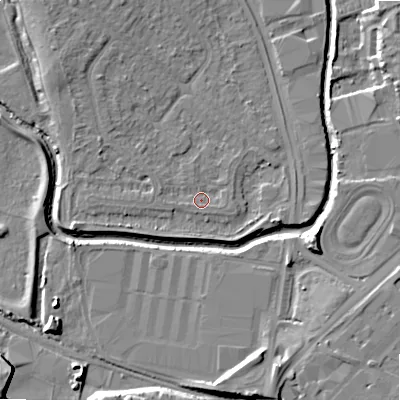 Shaded relief map of the ground around B421RG, computed from Environment Agency LiDAR. The ground here sits at about 97 m above sea level and falls 14 m across the surrounding 800 m. Surface water reaching this point runs off ground lying to the north-west, 2.4 m higher.