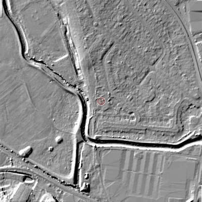 Shaded relief map of the ground around B421RL, computed from Environment Agency LiDAR. The ground here sits at about 99 m above sea level and falls 14 m across the surrounding 800 m. Surface water reaching this point runs off ground lying to the north-north-west, 4.2 m higher.