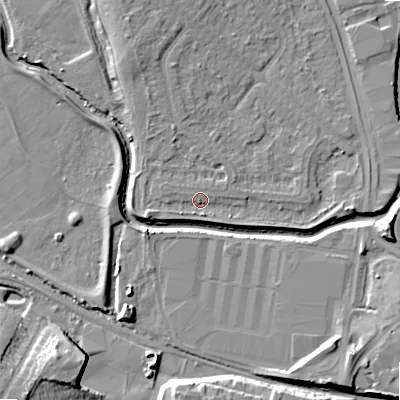 Shaded relief map of the ground around B421RQ, computed from Environment Agency LiDAR. The ground here sits at about 98 m above sea level and falls 16 m across the surrounding 800 m. Surface water reaching this point runs off ground lying to the north-north-west, 4.7 m higher.