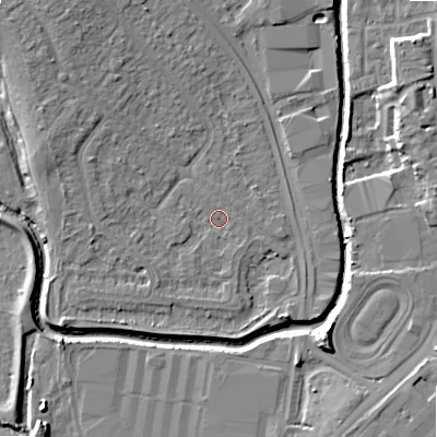 Shaded relief map of the ground around B421SH, computed from Environment Agency LiDAR. The ground here sits at about 97 m above sea level and falls 9 m across the surrounding 800 m. Surface water reaching this point runs off ground lying to the west, 2.4 m higher.