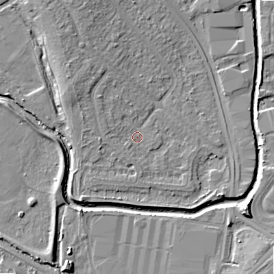 Shaded relief map of the ground around B421SJ, computed from Environment Agency LiDAR. The ground here sits at about 98 m above sea level and falls 9 m across the surrounding 800 m. Surface water reaching this point runs off ground lying to the north-west, 2.7 m higher.