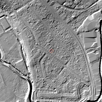 Shaded relief map of the ground around B421SW, computed from Environment Agency LiDAR. The ground here sits at about 99 m above sea level and falls 12 m across the surrounding 800 m. Surface water reaching this point runs off ground lying to the north-north-west, 5.1 m higher.