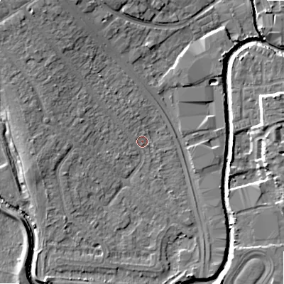 Shaded relief map of the ground around B421SY, computed from Environment Agency LiDAR. The ground here sits at about 97 m above sea level and falls 11 m across the surrounding 800 m. Surface water reaching this point runs off ground lying to the north-west, 8.1 m higher.