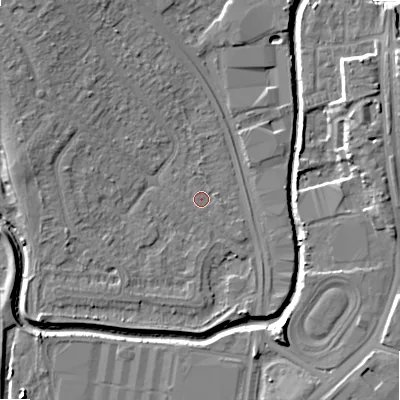 Shaded relief map of the ground around B421TA, computed from Environment Agency LiDAR. The ground here sits at about 97 m above sea level and falls 10 m across the surrounding 800 m. Surface water reaching this point runs off ground lying to the south, 1.2 m higher.