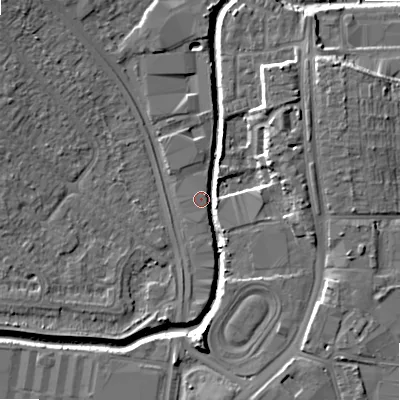 Shaded relief map of the ground around B421TU, computed from Environment Agency LiDAR. The ground here sits at about 97 m above sea level and falls 10 m across the surrounding 800 m. Surface water reaching this point runs off ground lying to the south-south-east, 5.6 m higher.