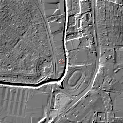 Shaded relief map of the ground around B421TX, computed from Environment Agency LiDAR. The ground here sits at about 97 m above sea level and falls 9 m across the surrounding 800 m. Surface water reaching this point runs off ground lying to the south, 1.5 m higher.