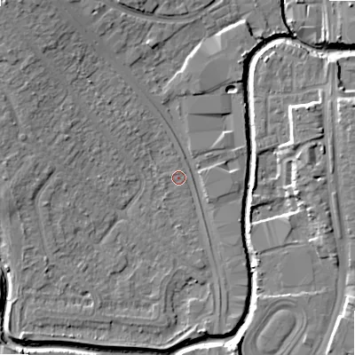 Shaded relief map of the ground around B421UD, computed from Environment Agency LiDAR. The ground here sits at about 96 m above sea level and falls 12 m across the surrounding 800 m. Surface water reaching this point runs off ground lying to the north-west, 8.6 m higher.