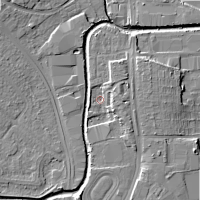Shaded relief map of the ground around B422EX, computed from Environment Agency LiDAR. The ground here sits at about 95 m above sea level and falls 10 m across the surrounding 800 m. Surface water reaching this point runs off ground lying to the east-north-east, 7.3 m higher.