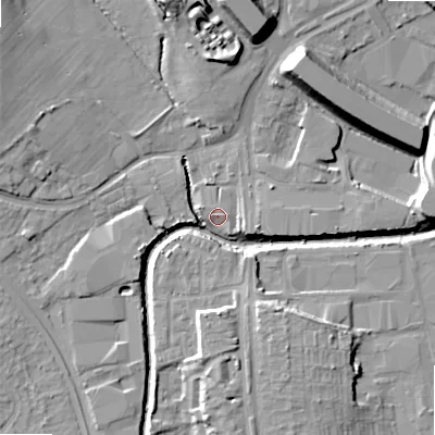 Shaded relief map of the ground around B422EY, computed from Environment Agency LiDAR. The ground here sits at about 96 m above sea level and falls 16 m across the surrounding 800 m. Surface water reaching this point runs off ground lying to the west-north-west, 1.8 m higher.