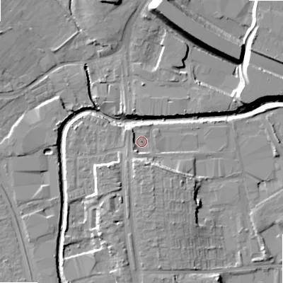 Shaded relief map of the ground around B422FX, computed from Environment Agency LiDAR. The ground here sits at about 96 m above sea level and falls 15 m across the surrounding 800 m. Surface water reaching this point runs off ground lying to the south-south-west, 2.7 m higher.