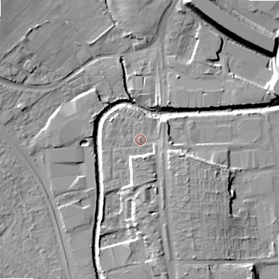 Shaded relief map of the ground around B422FY, computed from Environment Agency LiDAR. The ground here sits at about 98 m above sea level and falls 15 m across the surrounding 800 m. Surface water reaching this point runs off ground lying to the south-south-east, 5.3 m higher.